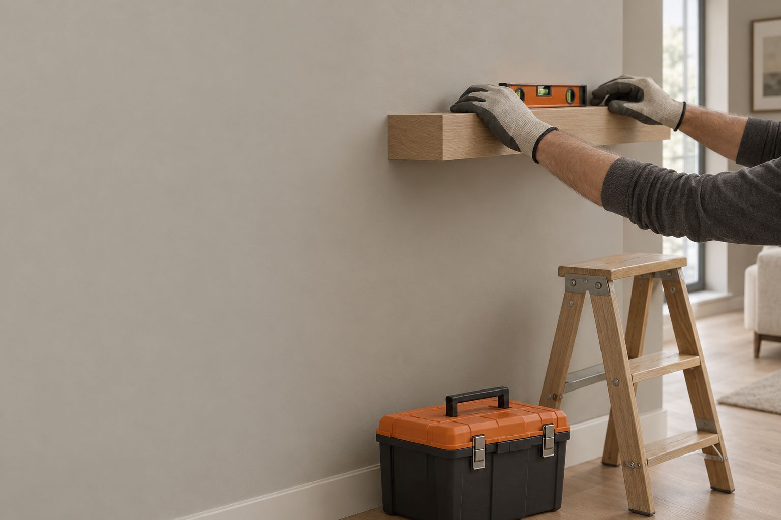 Handyman leveling a floating shelf in a Los Angeles home